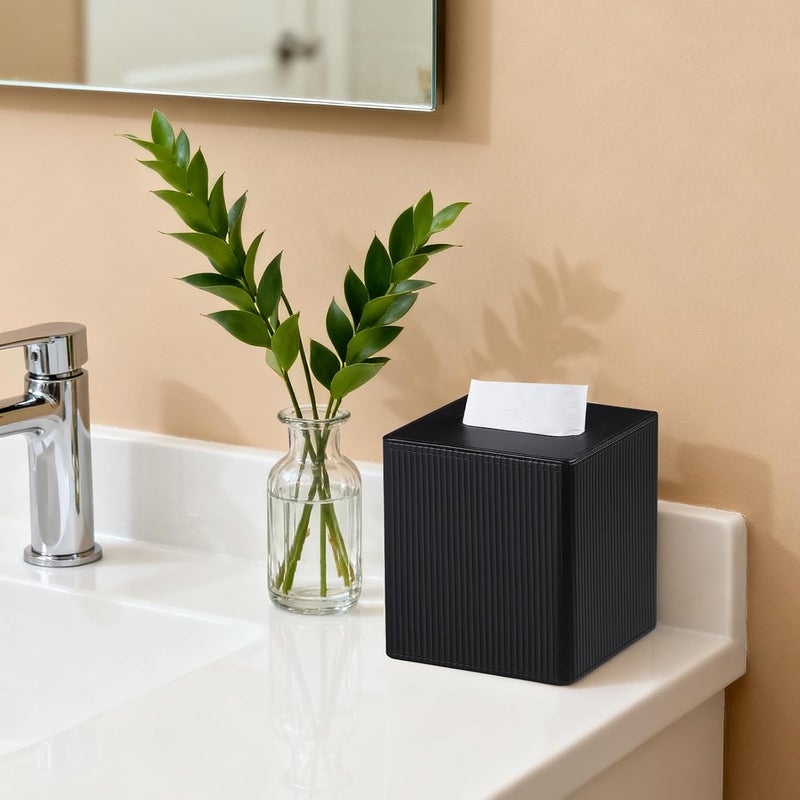 Cretkhp Tissue Box Cover Square with Magnetic Closure, PU Leather Tissue Box Holder for Bathroom NightStands Livingroom, Decorative Modern Square Tissue Holder (Black) - Image 5